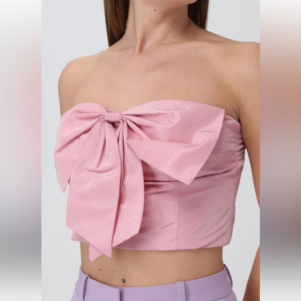 STAUD Dusty Pink Strapless Bow Crop Top, Satin Fabric, Stretchy Back, Sz L